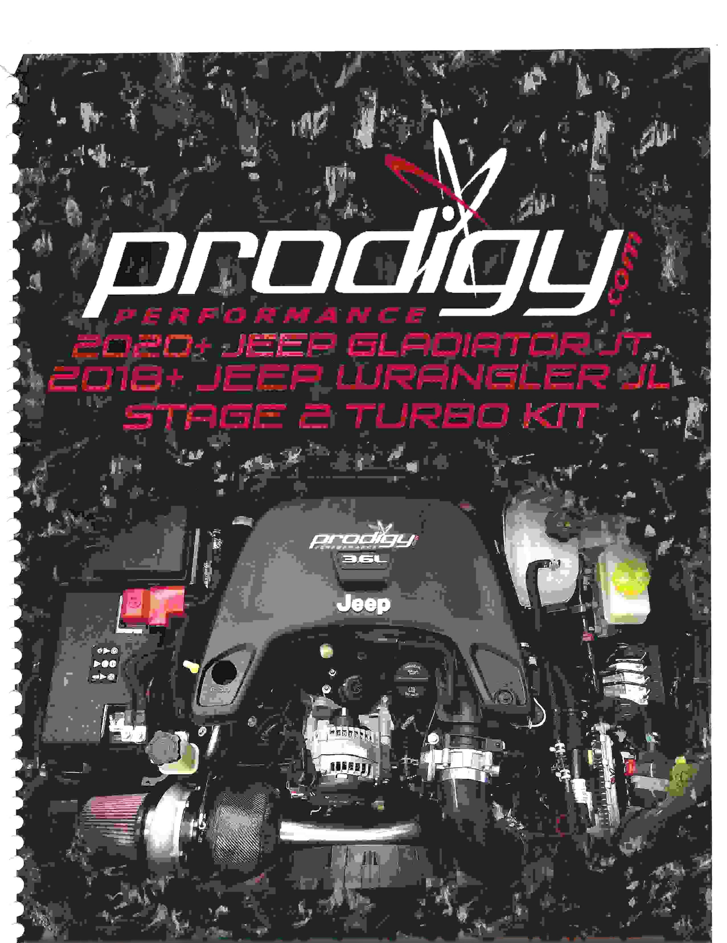 A product cover or promotional graphic for a 'Prodigy Performance' 2020 Jeep Gladiator JT and 2018 Jeep Wrangler JL stage & turbo kit, featuring a high-contrast black-and-white engine bay photo with red and white text on a textured black background.