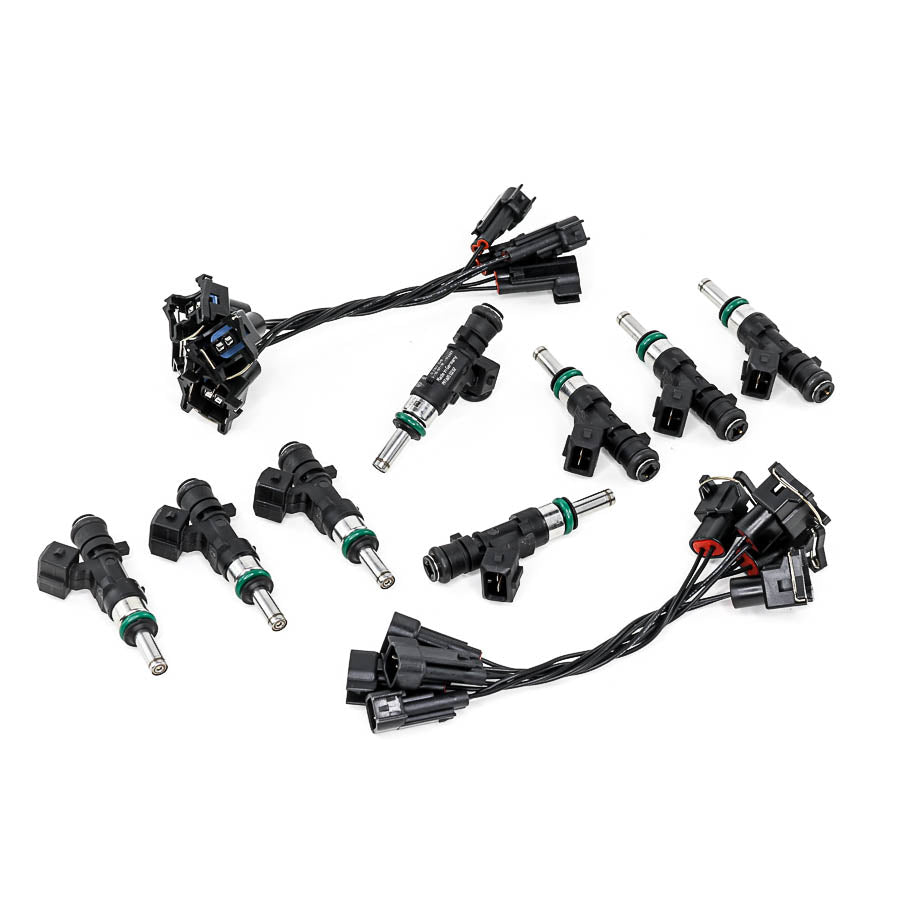 Set of eight 1100cc fuel injectors with harnesses for 2015-2017 Dodge Charger and Challenger Hellcat.