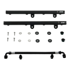 DW brand Hemi fuel rails kit with crossover hose, mounting screws, washers, and seals for 2005-23 Dodge and Chrysler engines.