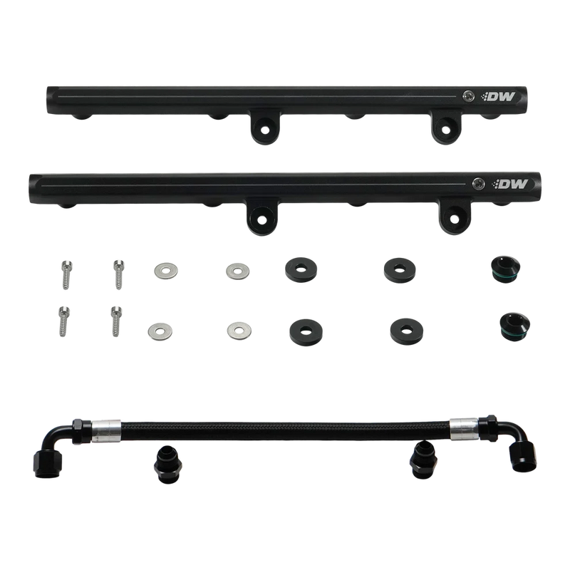 DW brand Hemi fuel rails kit with crossover hose, mounting screws, washers, and seals for 2005-23 Dodge and Chrysler engines.