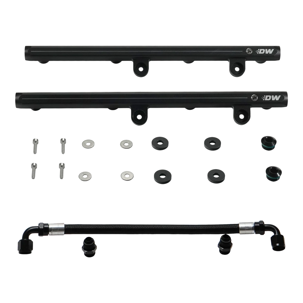 DW brand Hemi fuel rails kit with crossover hose, mounting screws, washers, and seals for 2005-23 Dodge and Chrysler engines.