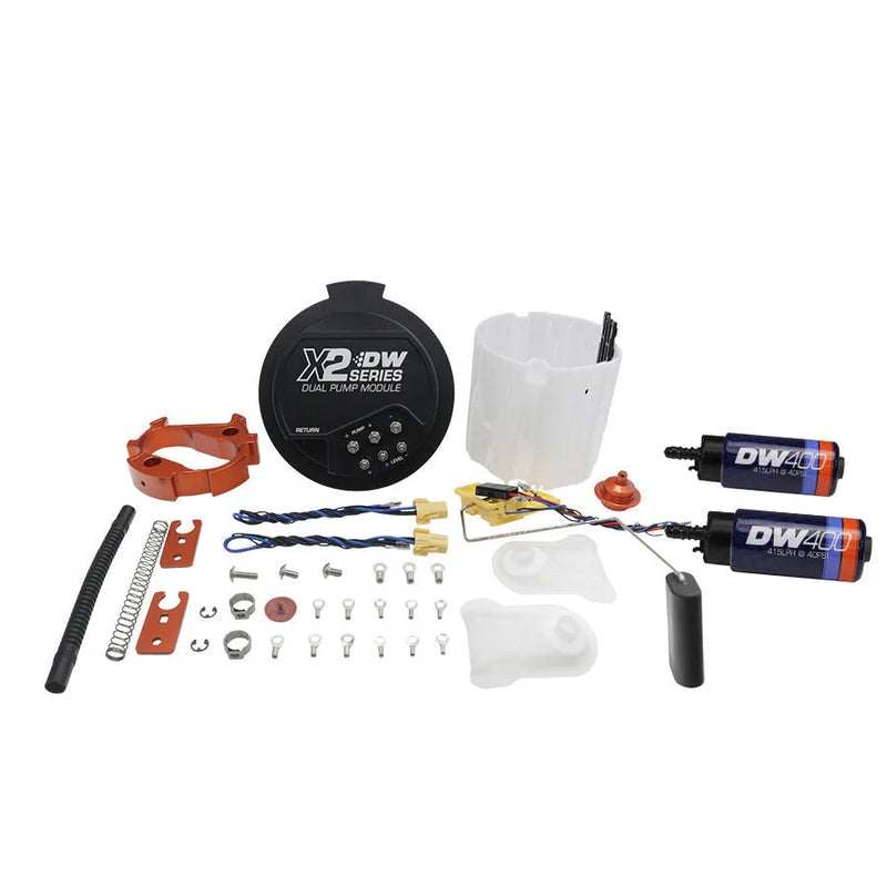 X2 Dual DW400 Fuel Pump Module Kit for 2006-2019 Dodge Hemi Challenger Charger with PTFE Return Plumbing and 8AN Feed.