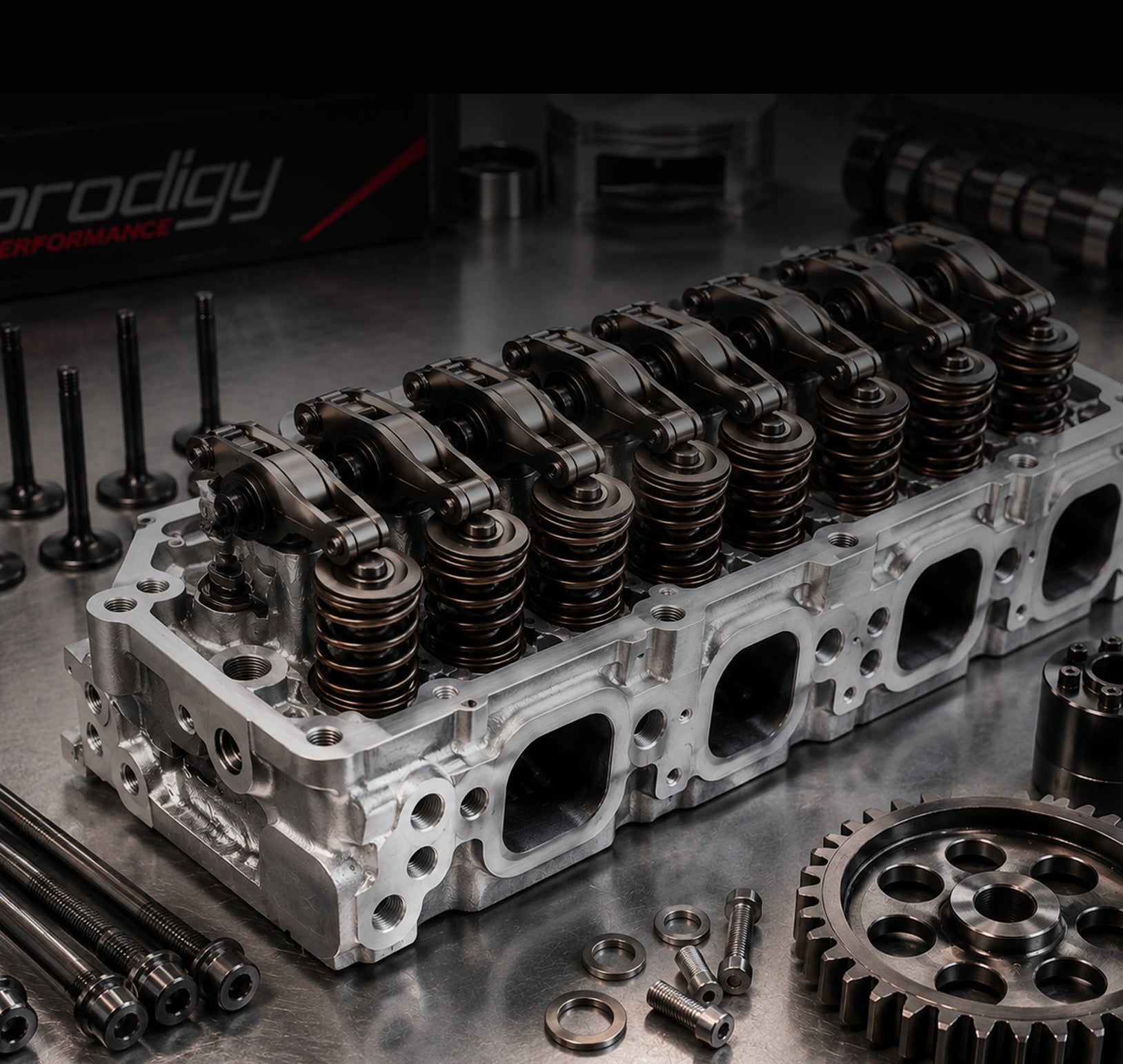 Engine cylinder head with mechanical parts on a reflective surface, featuring 'Prodigy Performance' branding.