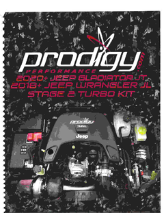 A product cover or promotional graphic for a 'Prodigy Performance' 2020 Jeep Gladiator JT and 2018 Jeep Wrangler JL stage & turbo kit, featuring a high-contrast black-and-white engine bay photo with red and white text on a textured black background.