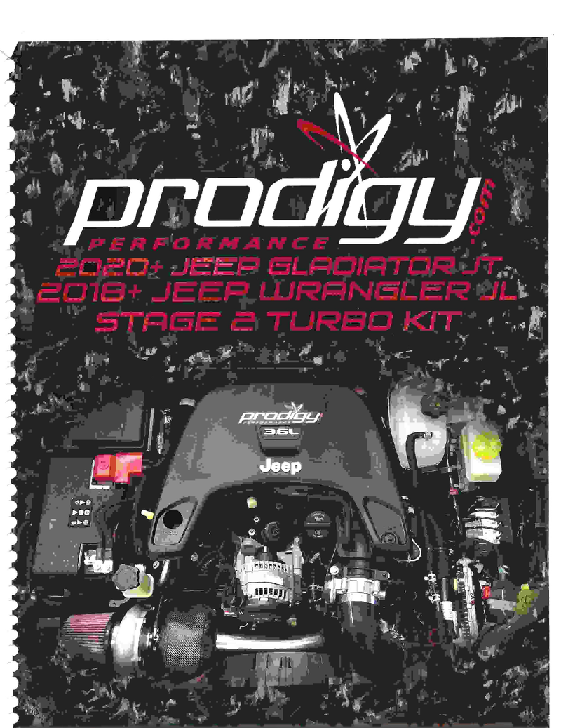 A product cover or promotional graphic for a 'Prodigy Performance' 2020 Jeep Gladiator JT and 2018 Jeep Wrangler JL stage & turbo kit, featuring a high-contrast black-and-white engine bay photo with red and white text on a textured black background.