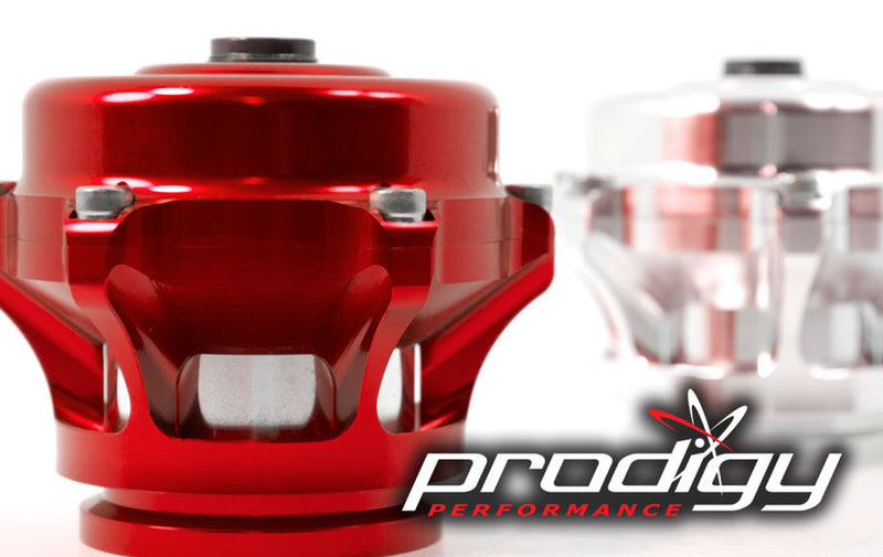 A black or silver TIAL Q blow off valve designed for turbocharged applications, with visible branding 'prodigy performance' on the side.